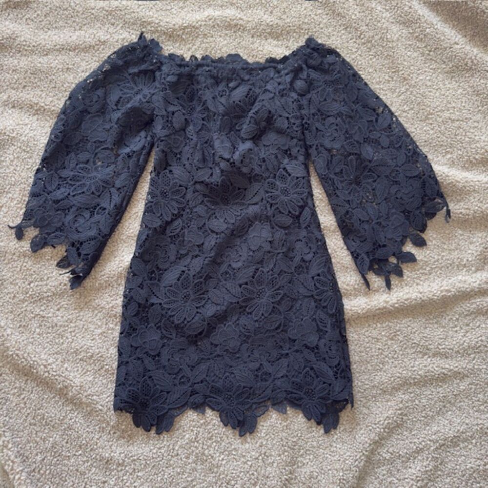 Black floral lace bell sleeve dress top with intricate embroidered lace